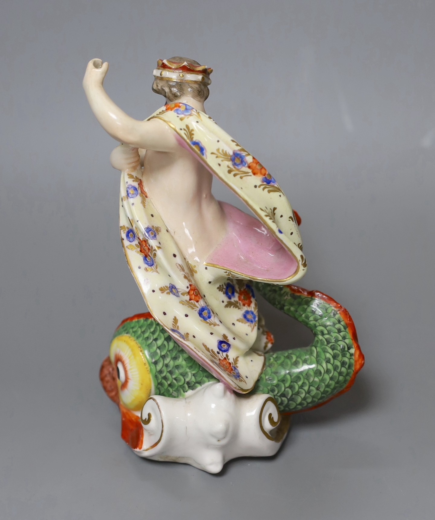 A Derby figure of Neptune and a dolphin, 17cm tall